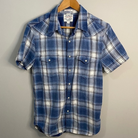 Lucky Brand Women's California Fit Pearl Snap Blue Plaid Short Sleeve Shirt Sml - Picture 1 of 11